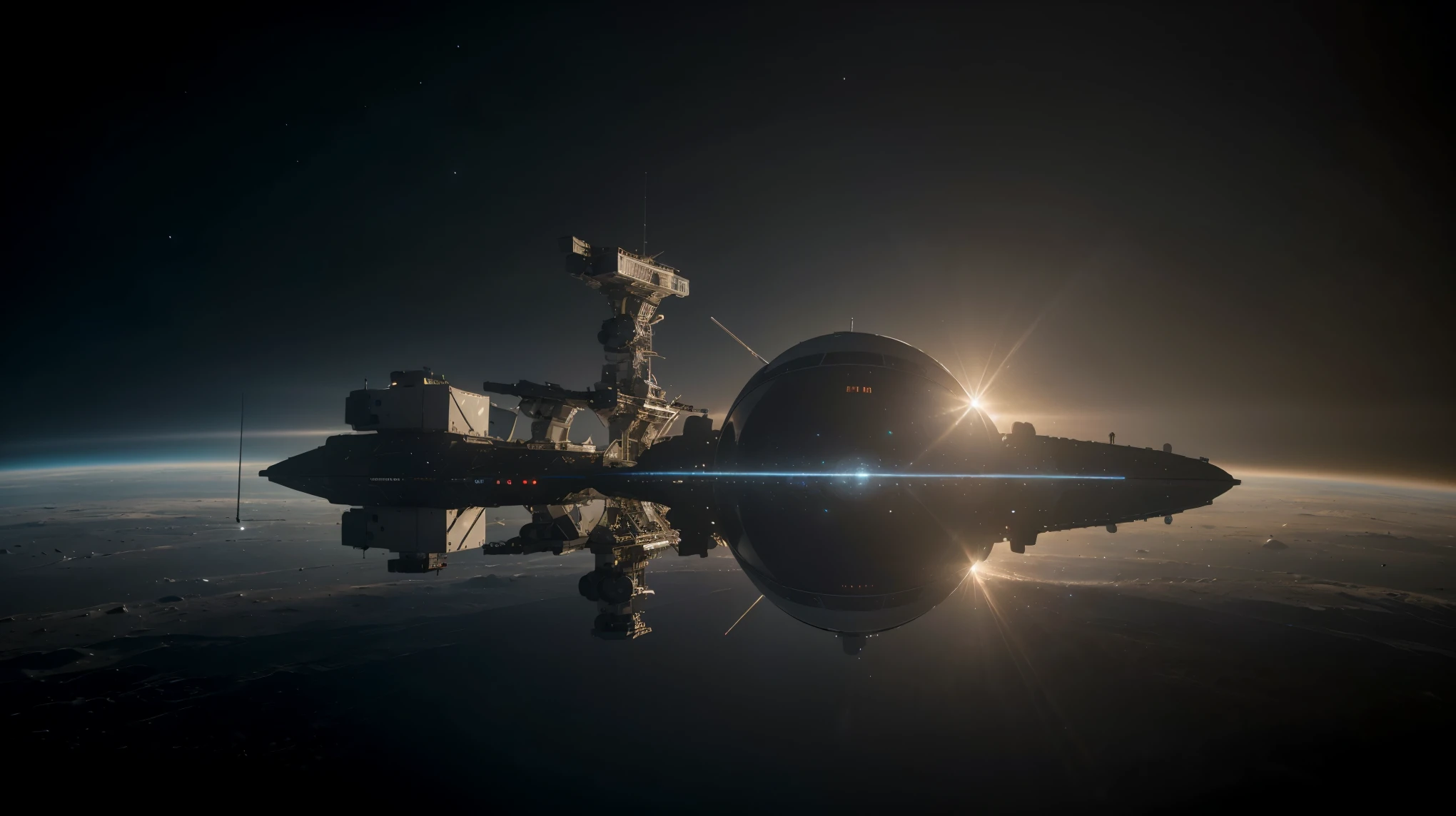 (best quality,4k,8k,highres,masterpiece:1.2),ultra-detailed,(realistic,photorealistic,photo-realistic:1.37),alien space station orbiting the moon,in space,large futuristic mechanical structures,[solar panels]