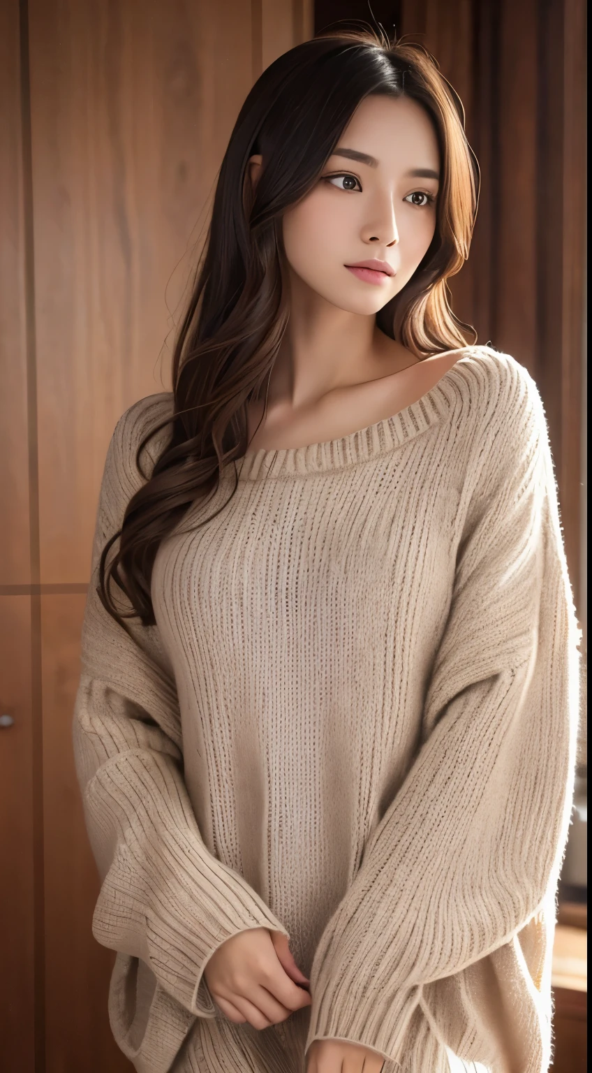 1 girl,(wearing an oversized tunic sweater:1.4),,(RAW photo, highest quality), (realistic, photo-realistic:1.4),(whole body:1.3), masterpiece,pictures of attractive japanese women, very delicate and beautiful, very detailed, 2k wallpaper, wonderful, finely, very detailed CG unity 8k wallpaper, super detailed, High resolution, soft light, beautiful detailed girl, very detailed eyes and face, beautifully detailed nose, detailed and beautiful eyes,movie light