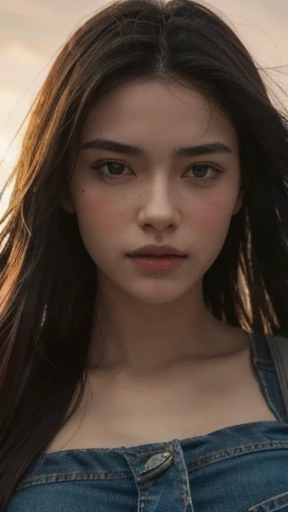8k, best quality, masterpiece, realistic, ultra detail, photo realistic, Increase quality, 
a photo of a girl standing in a field during sunset with diamond crown on head in tight crop tight top with denim shorts, in the style of dark and brooding designer, voluminous mass, photobash, serene faces, jagged edges, navy, natural beauty, close-up shot
