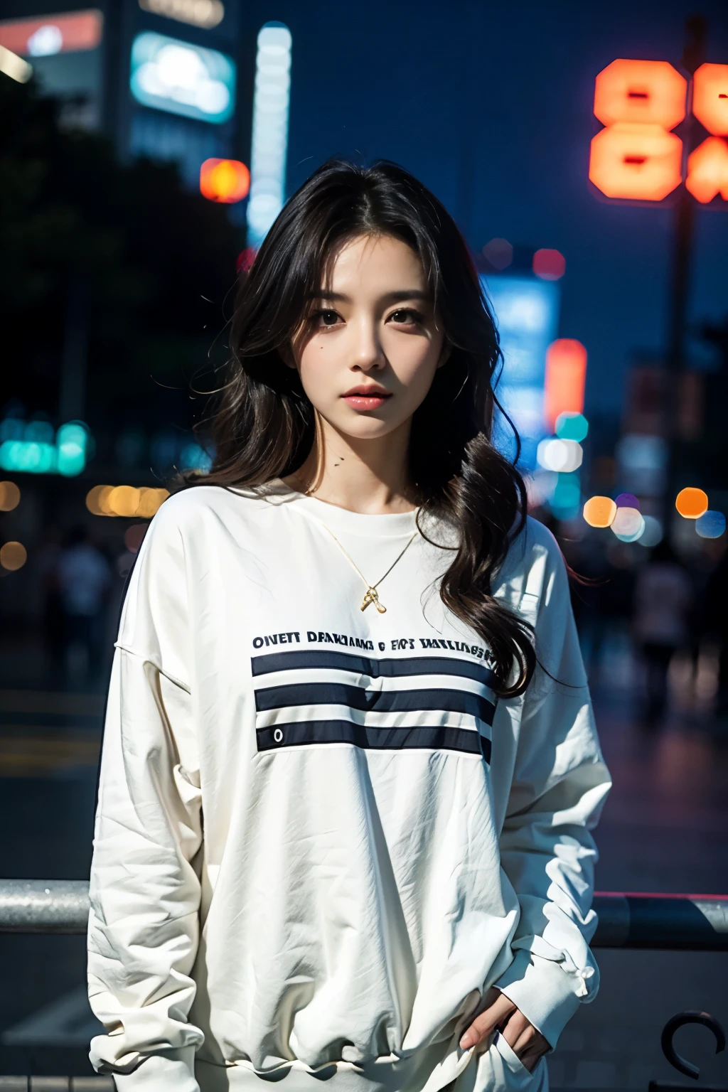 35 years old girl, beautiful, little fat body, wavy hair, almond eyes, no make up, white sweatshirt, oversize_shirt, sweatpants, in front of fence, night city, cyberpunk vibes, close up, (photorealistic:1.2), (ultra realistic:1.3), (very detailed:1.1), ((masterpiece)),