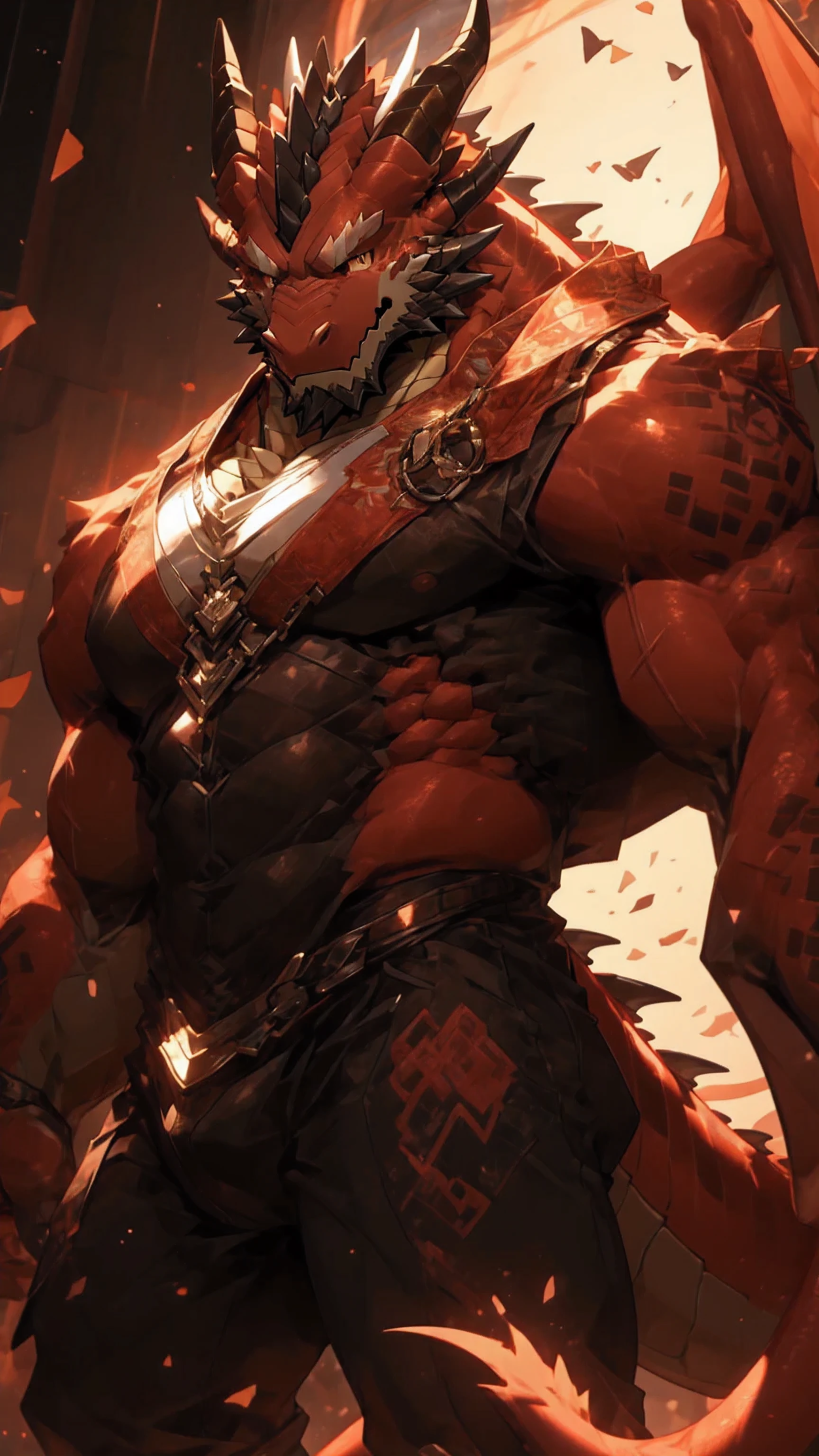 hairy of，HD，8K，facial clarity，bright of eyes，Exquisite eyes，loopholes&#39;eye view，dragon，black dragon，full body portrait，male，uncle，Demon King，tough guy，chuff，black scales，Golden eyes，tall and strong，body muscle，Large pecs，8 pack abs，powerful biceps，Thick tail，Thick arms，generosity of animal feet，Generous dragon claws，scar，There is a scar on the face，There is a scar on the chest，handsome of，mature look，strong body，The face is majestic，Strong and domineering，cute of，Burst with male hormones，beard，armor，，topless of，barefoot，of，Tempting