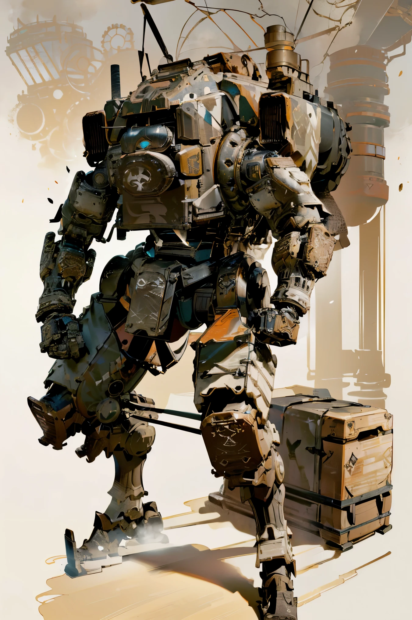 Titan, full body, ((heavy armor)), ((bronse armor, smoke pipe, bronse cogs, steampunk, wood, metal cannon, big steel cannon))