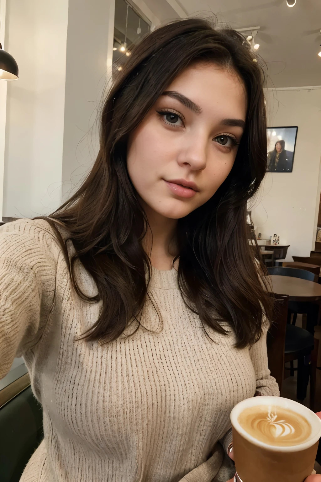Photo of a curvy 18 year old brunette woman, that has a very natural face, full lips, thin eyes, thin eyebrows, thin nose, dark eyes, long eyelashes. She takes a cute selfie in a cafe with an iPhone.  She is dressed in a sweater.