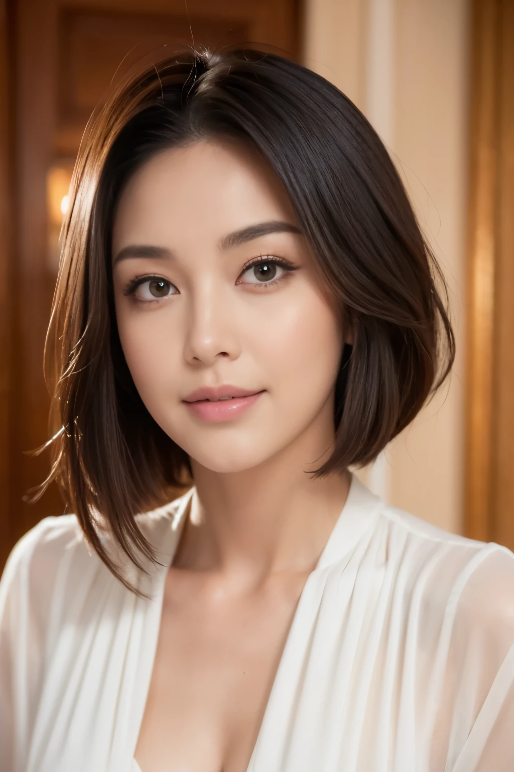 (RAW photo), (Photoreal), (masterpiece), (highest quality), High resolution, 8K resolution, (intricate details), (light with volume), Portrait, woman, 40 years, short hair, straight hair, layered hair, black haired, highly detailed eyes, ordering sauce, highly detailed eyebrows, highly detailed skin, highly detailed mouth, highly detailed nose, cute like an idol, Smile, ((thick lips)), ((look at the audience)), (classy blouse)