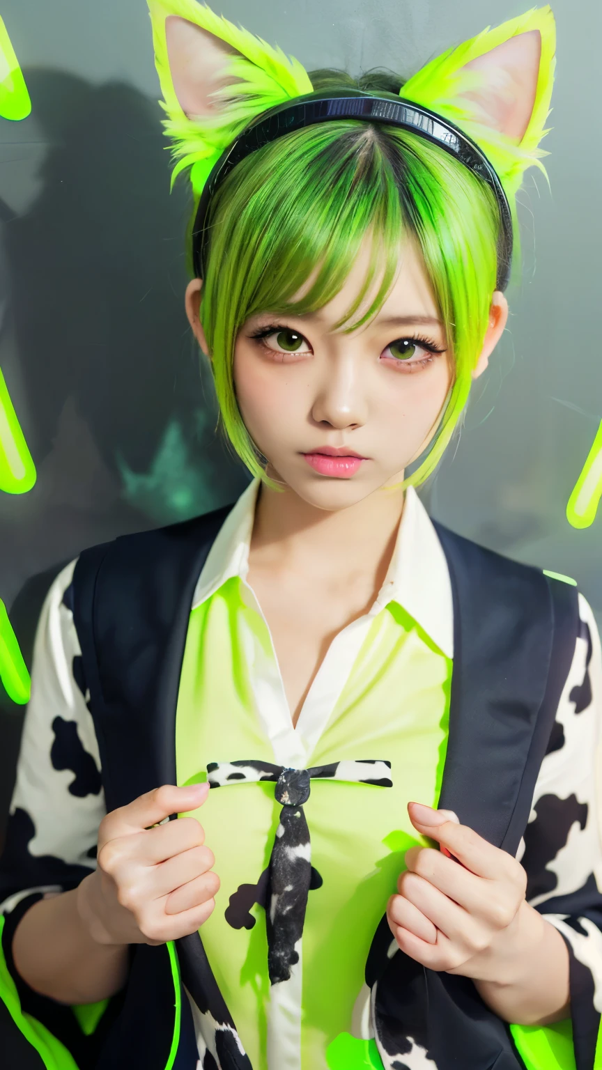 Masterpiece, 4K, bokeh, (Japanese idol:1.6), Beautiful high school girl, Blushed face, (Neon Yellowgreen Medium hair:1.4),
(Neon Yellowgreen school uniform:1.4), (Cat ears:1.4), looking at the viewer, cowboy shot, holding cats in both hands, (Neon Yellowgreen cow pattern background :1.4),