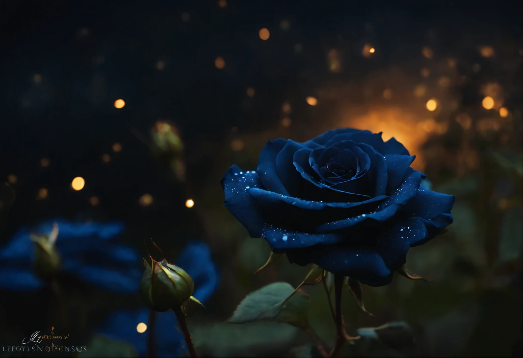 black rose with fireflies, night sky, dark theme