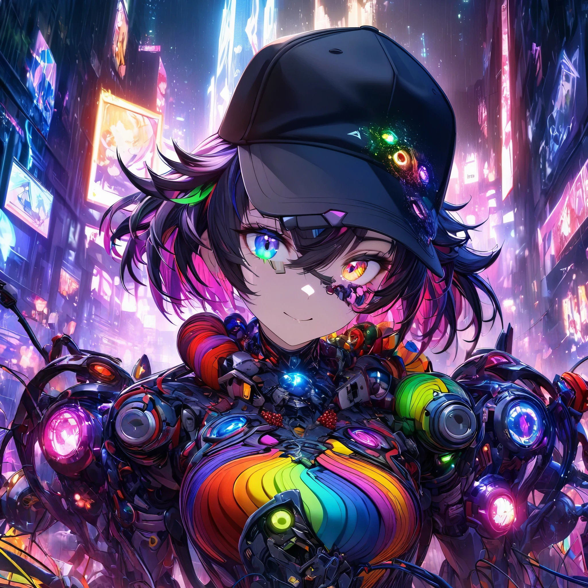 {{​Masterpiece,best work}}, top quality, Ultra-detailed CG Unity,8k wallpaper, lens flare, (Detailed beautiful eyes),particle,Miss,Berry short hair,cool face,((Colorful mechanical wool)),rainbow eyes,heterochromia iridis,Big deal,黑紫色Body,Inorganic black headwear,(Perfect Body),cyberpunk,Inorganic decoration,Body,cable,low angle,Whole BodyEsbian,a sexy,high heels boots,night city,rain,Eyes looking down,perfect hands.