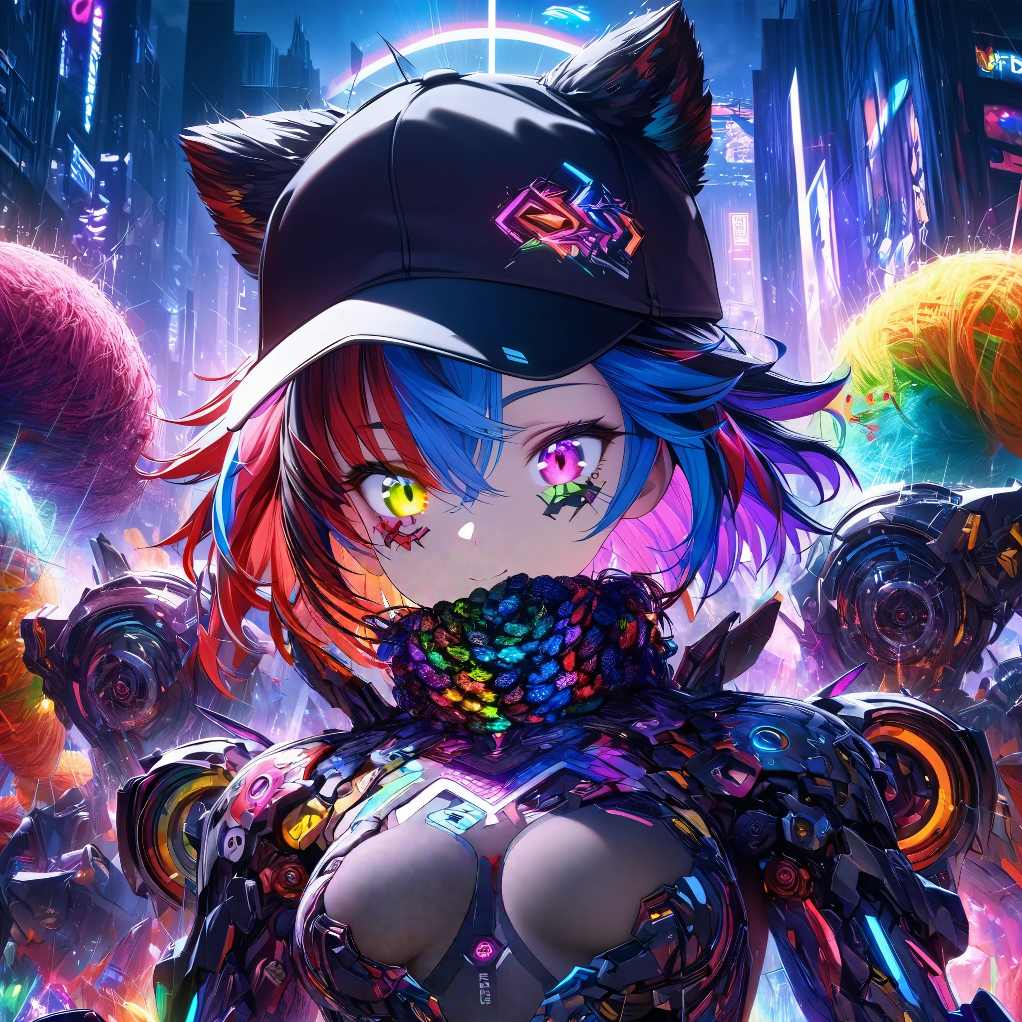 {{Masterpiece,best work}}, top quality, Ultra-detailed CG Unity,8k wallpaper, lens flare, (Detailed beautiful eyes),particle,Miss,Berry short hair,cool face,((Colorful mechanical wool)),rainbow eyes,heterochromia iridis,Big deal,黑紫色Body,Inorganic black headwear,(Perfect Body),cyberpunk,Inorganic decoration,Body,cable,low angle,Whole BodyEsbian,a sexy,high heels boots,night city,rain,Eyes looking down,perfect hands.