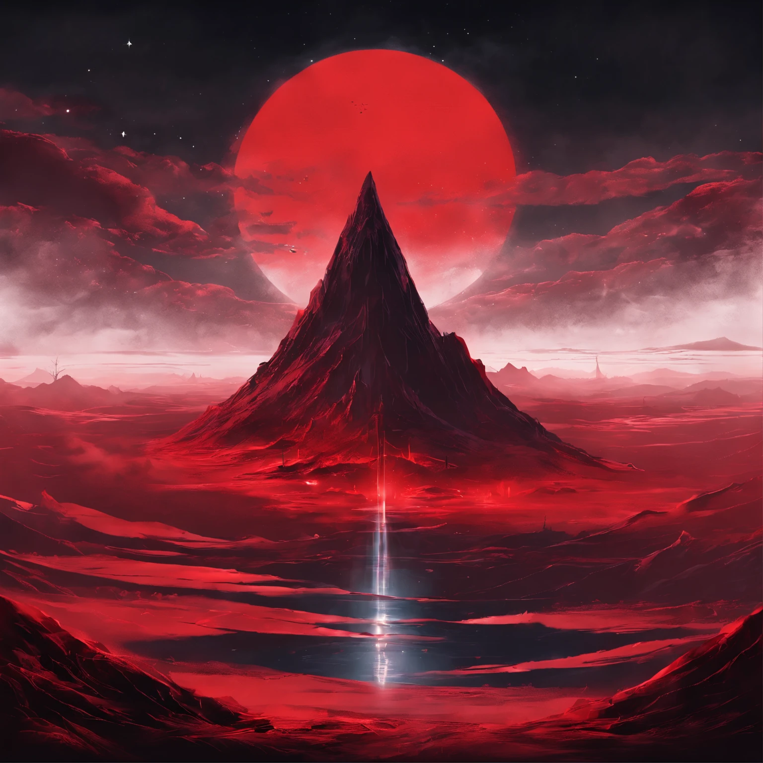 A red mountain made of glass, on a red and gloomy night. In the sky there is a red and terrifying eye. The setting is terrifying