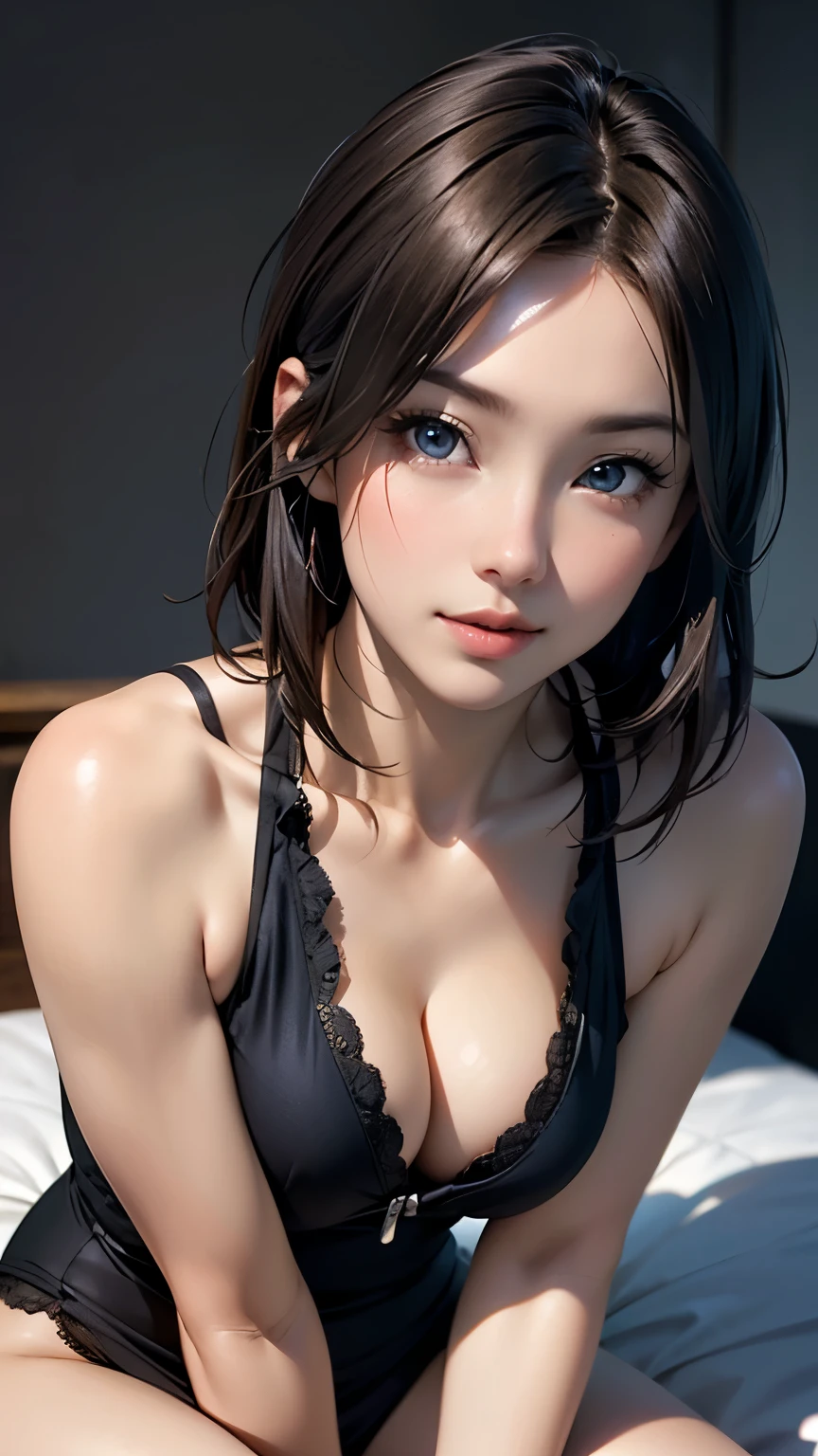 (In 8K, highest quality, masterpiece:1.2), (realistic, Photoreal:1.37),Close-up shot of crotch、 (masterpiece:1.4), the most beautiful girl in the world, glossy lips, highly detailed eyes, disorganized, HDR, Super detailed illustrations, highly detailed face, Raw photo, film grain, skin pores, Trending on deviantart Super detailed., looking at the viewer, cinematic lighting, perfection, soft light, high resolution skins:1.2, realistic skin texture, high school girl、small face、No makeup、, ,bust B cup、 exposed cleavage, blue eyes, short hair, dark brown hair、gray background、lie down in bed、Pussy、very thick pubic hair、white teeth,((Pubic hair is visible))、raise one leg、