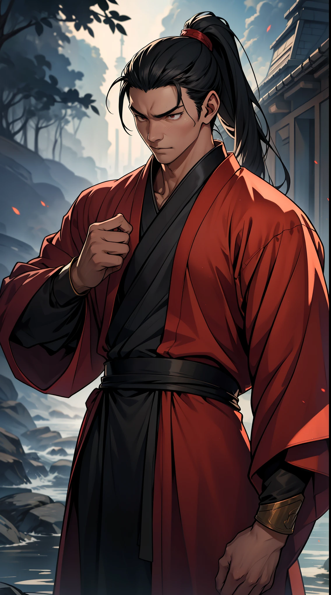 two-dimensional，anime style，one person（male warrior），Correct proportions，facial details，swordsman，High ponytail hairstyle，neck details，There is an Adam&#39;apple，red robe，joke，red robe，clothing details，transfer，long sleeve，Game quality，fencing，Ray tracing，Ray tracing，Delicate glow，CG rendering，Hair details，long black hair，Red eyes，Handsome，Handsome，（feeling of youth），Costumes are complicated，perfect composition，refine，high quality，More details，complex background，a sense of atmosphere，