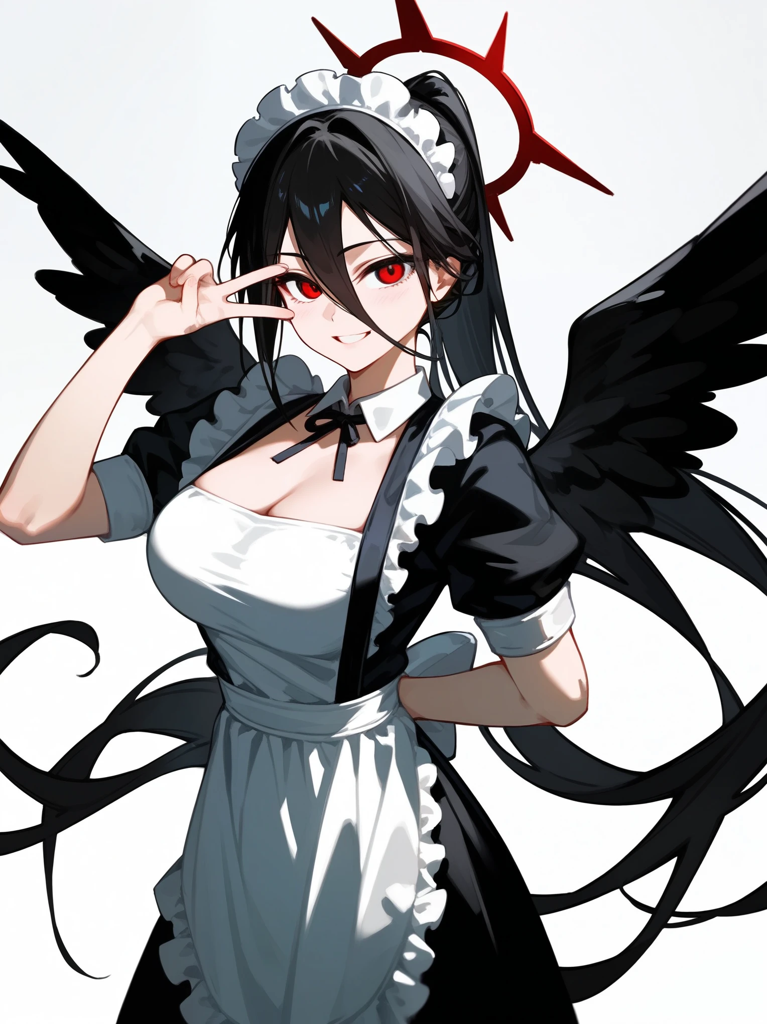 (score_9,score_8_up,score_7_up,score_6_up,score_5_up,score_4_up), hasumi ba, red eyes, halo, very long hair, black hair, hair between eyes, black wings, 1girl, solo, maid, maid headdress, apron, hands on hips, cowboy shot, close up,ponytail, slight smile, gradient background, arms behind back, looking at viewers, cowboy shot, large breasts, peace sign