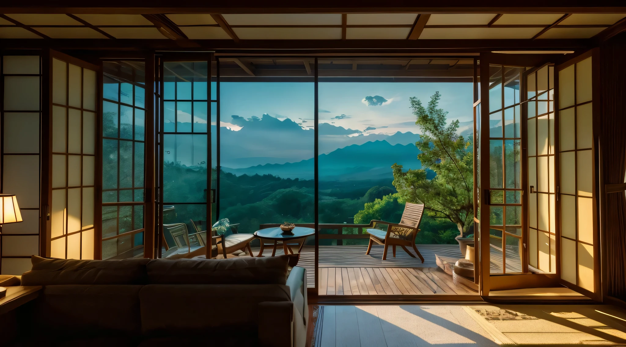 A living room with high celling and double glass window, Waterfall view realistic rooftop high celling house with beautiful decoration inside the house with book pit fire. 8k HD Image. a living room with large windows showing a sky view, in the style of dark chiaroscuro lighting, confetti-like dots, 32k uhd, elaborate artistic environments, cabincore, high definition, japan landscapes -Ultra 8k HD- Green Environment, Cozy Natural Landscape huge waterfall