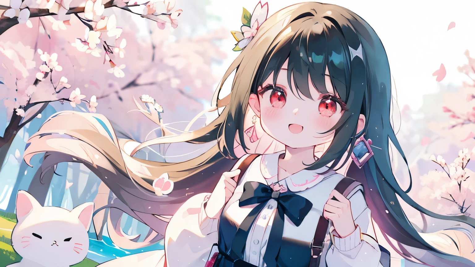 teenage girl、spring、cute、masterpiece、best image quality、highest quality、とてもcute,pastel,black long hair,red eyes,smile