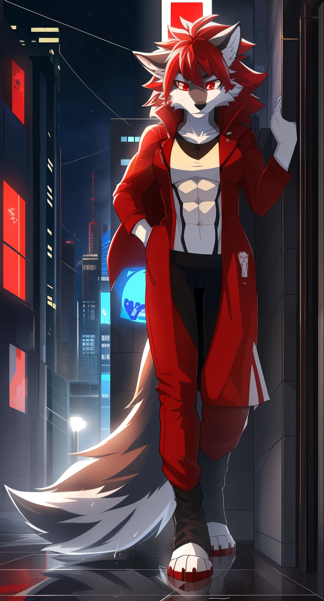Solo, female, standing, furry wolf (_anthropomorphic_, _snout_), (_messy_, _bedhead_ hair), (_muscular_, _athletic_ build), (_better detailing_, _high quality_ fur), (_bright red_), (_expressive_, _fierce_), eyes, (_colorful spots_ adorning the coat), (_wet streets_ reflecting the city lights), (_dynamic framing_ capturing the wolf's movements), (_detailed_ wolf head as the focal point), (_bright focus_ on the wolf's intense, _bright red eyes_), (_urban environment_ filled with _tall buildings_