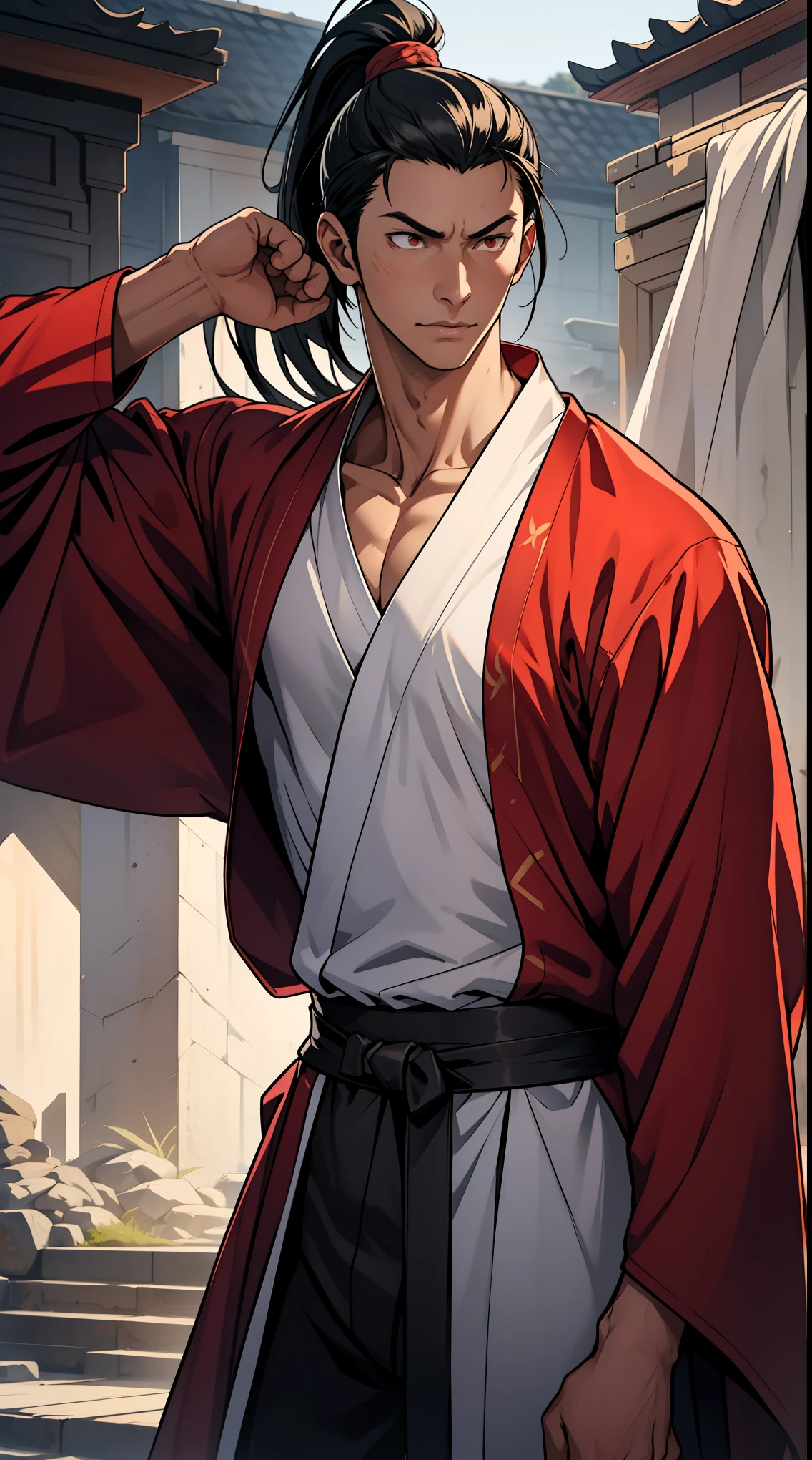 two-dimensional,anime style,one person(male warrior),Correct proportions,facial details,swordsman,High ponytail hairstyle,neck details,There is an Adam'apple,red robe,joke,red robe,clothing details,transfer,long sleeve,Game quality,fencing,Ray tracing,Ray tracing,Delicate glow,CG rendering,Hair details,long black hair,Red eyes,Handsome,Handsome,(feeling of youth),Costumes are complicated,perfect composition,refine,high quality,More details,complex background,a sense of atmosphere,