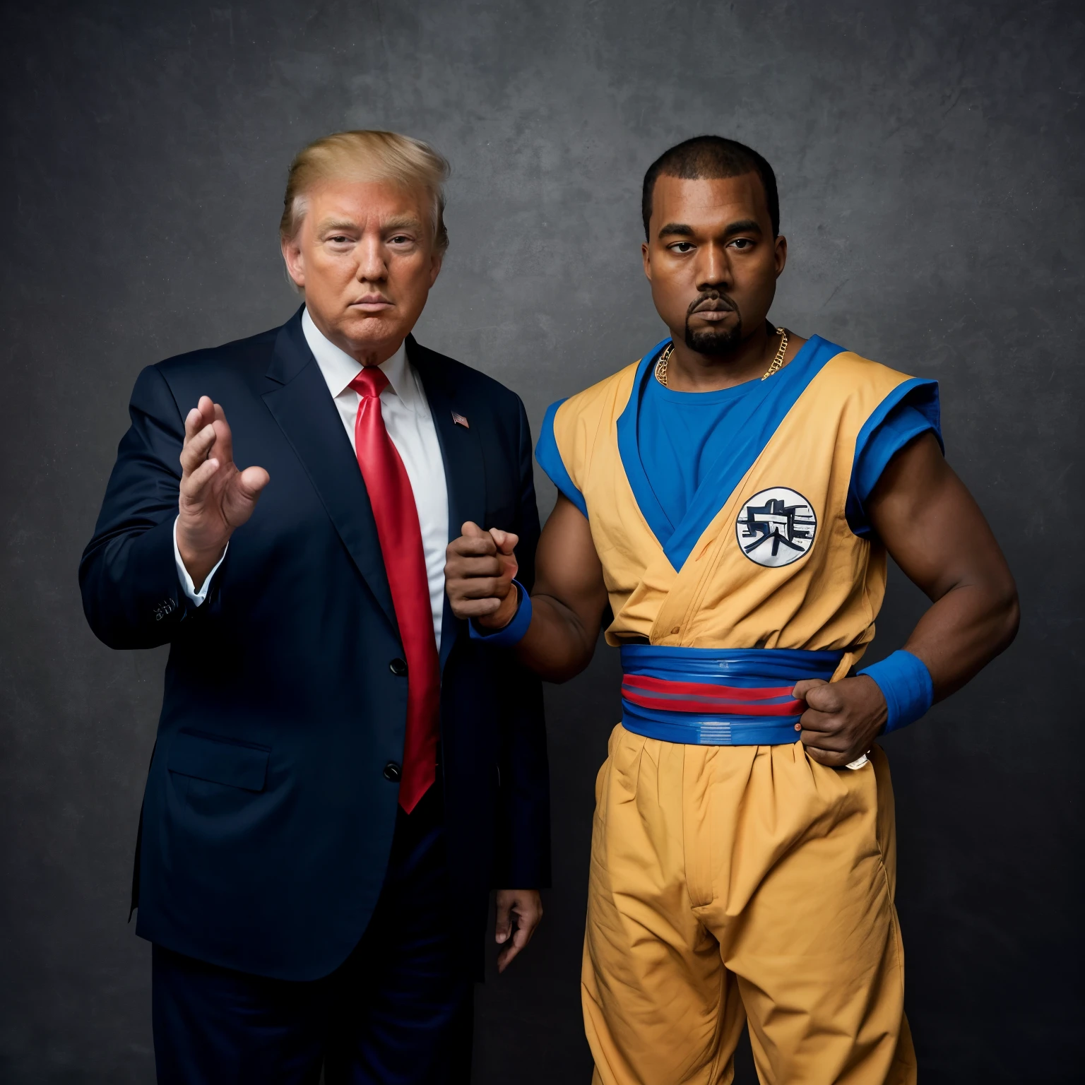 RAW photo, Donald Trump standing next to Kanye West, Kanye West is dressed as Goku, photo, portrait photography, dramatic lighting