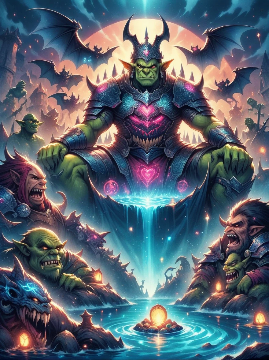 (((Dungeons & Dragons)))，dragon&#39;s underground lair，Dark and damp, full of treasures、bones and weapons，（low light，shadow，strange lamp），huge bat-like folding wings，（horned，scaly，Reptiles），eyes sparkling，Sword and Ax Collection，The box is full of gold coins and gems，water and mineral pool，（FOG），surrounded by net，（Warning tape），Featuring goblins equipped with armor and weapons，Orc and Troll Guards，（Threat exists），Extremely detailed settings, Keith Haring style graffiti,sharp illustration, bold lines and solid colors, simple details, minimalist