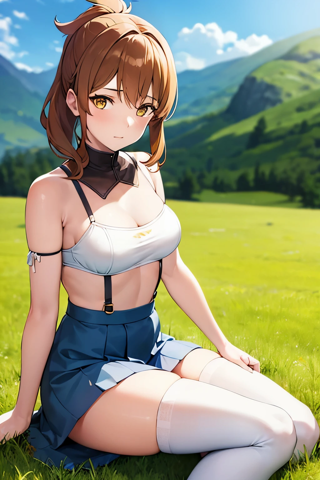 young woman, Marci, brown hair, yellow eyes, blue bra and panties, white stockings, sitting in the field across the mountains, blurry foreground