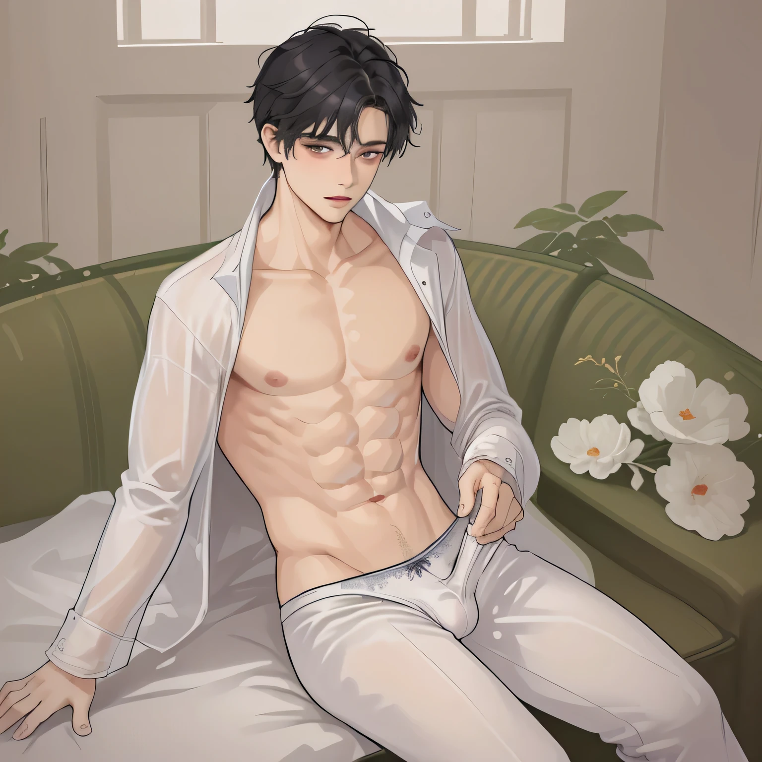 (masterpiece, best quality), 1 male, mature, finely detailed eyes and detailed face, only wearing underwear, nude, abs, big, hands between legs