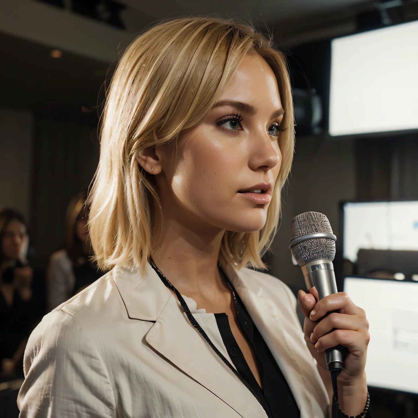 Create a reporter-style blonde woman with a microphone in her hand with a very realistic journalism scenario