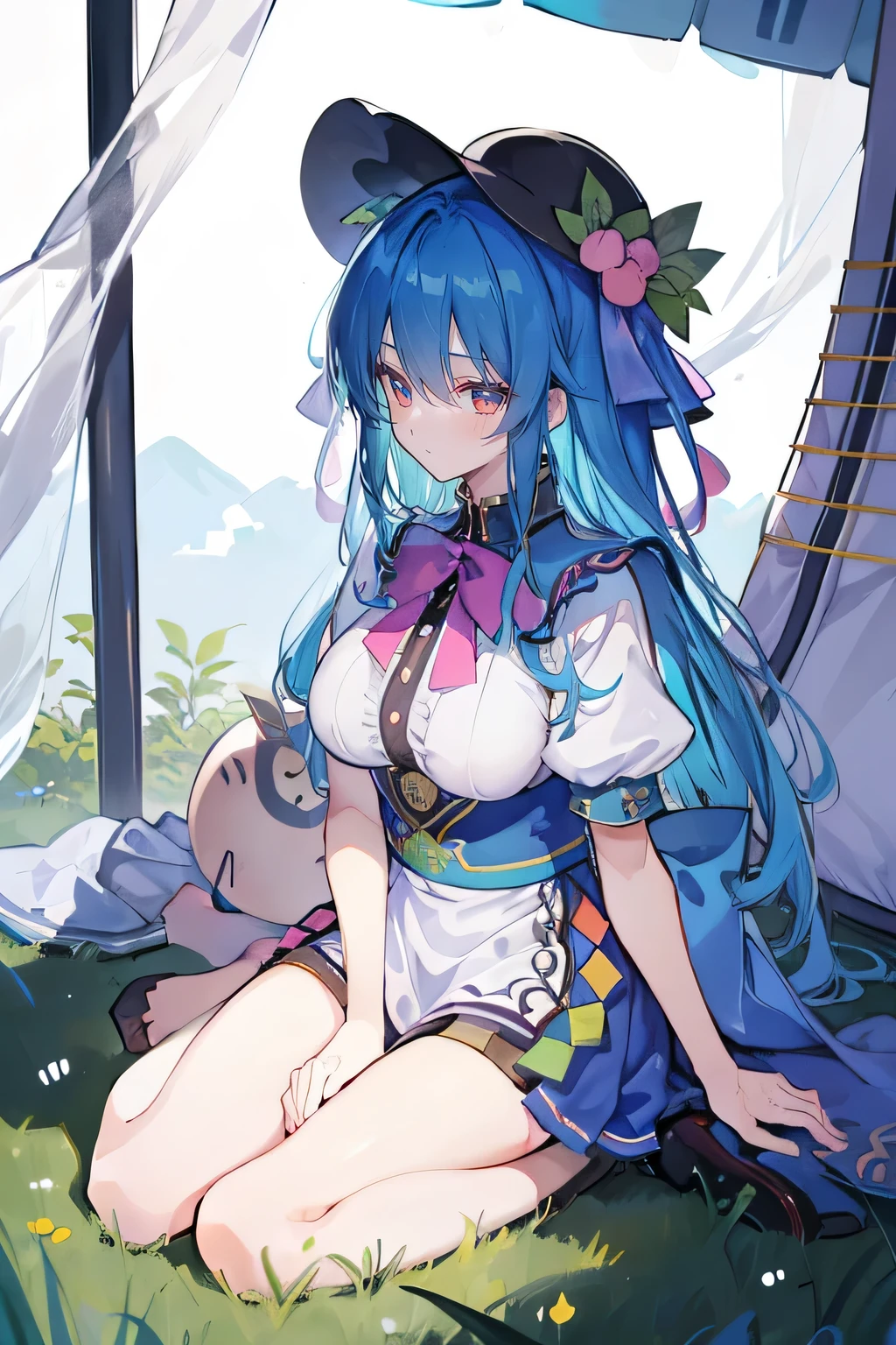(masterpiece),best quality, expressive eyes, perfect face,sit, sit on ground, Legs on the ground, 1girl,
Big breasts, H cup, Good breasts, Put your hands on your waist,fair, Gorgeous,Japanese cartoons,girl,lola,Hina Angel, blue hair, blue haired,tent , tent chest, tent breast, floating clothes