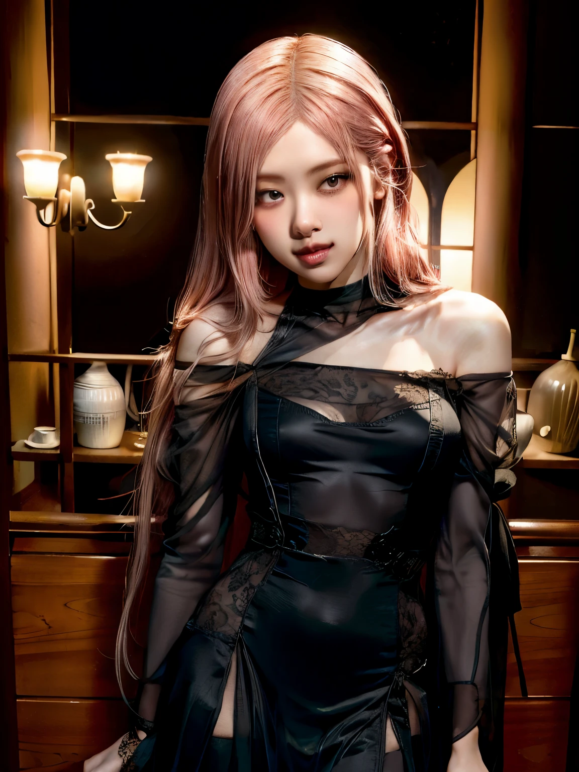 Highest quality,girl,cute,beautiful,Sitting,Brown eyes,Black cabaret dress,pink hair,(black inner hair: 1.1),Black lace dress,