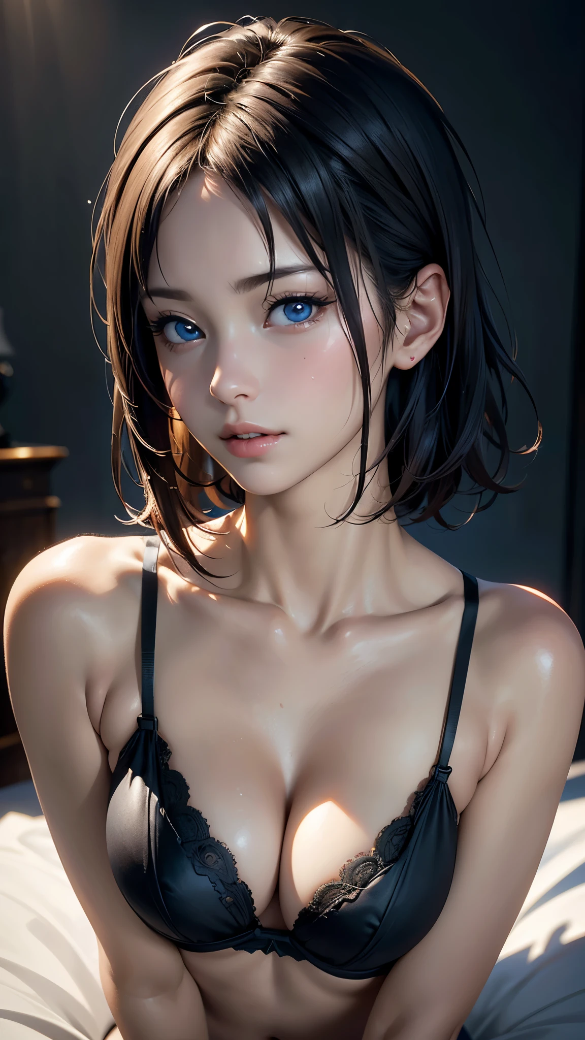 (In 8K, highest quality, masterpiece:1.2), (realistic, Photoreal:1.37), (masterpiece:1.4), the most beautiful girl in the world, glossy lips, highly detailed eyes, disorganized, HDR, Super detailed illustrations, highly detailed face, Raw photo, film grain, skin pores, Trending on deviantart Super detailed., looking at the viewer, cinematic lighting, perfection, soft light, high resolution skins:1.2, realistic skin texture, high school girl、small face、No makeup、, ,bust B cup、 exposed cleavage, blue eyes, short hair, dark brown hair、gray background、lie down in bed、Pussy、pubic hair、Ona、angry face,((pubic hairが透けて見える))