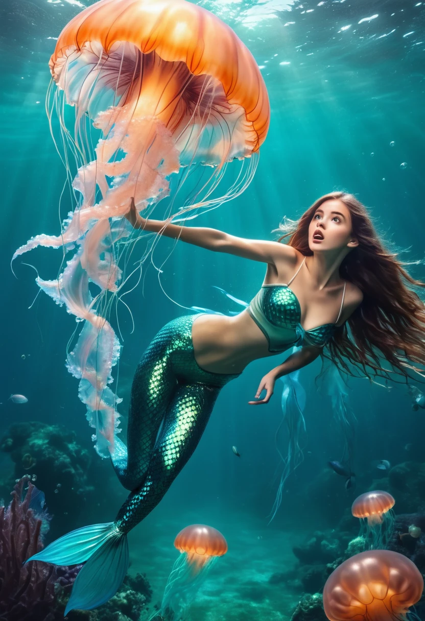Mermaid girl attacked by giant jellyfish