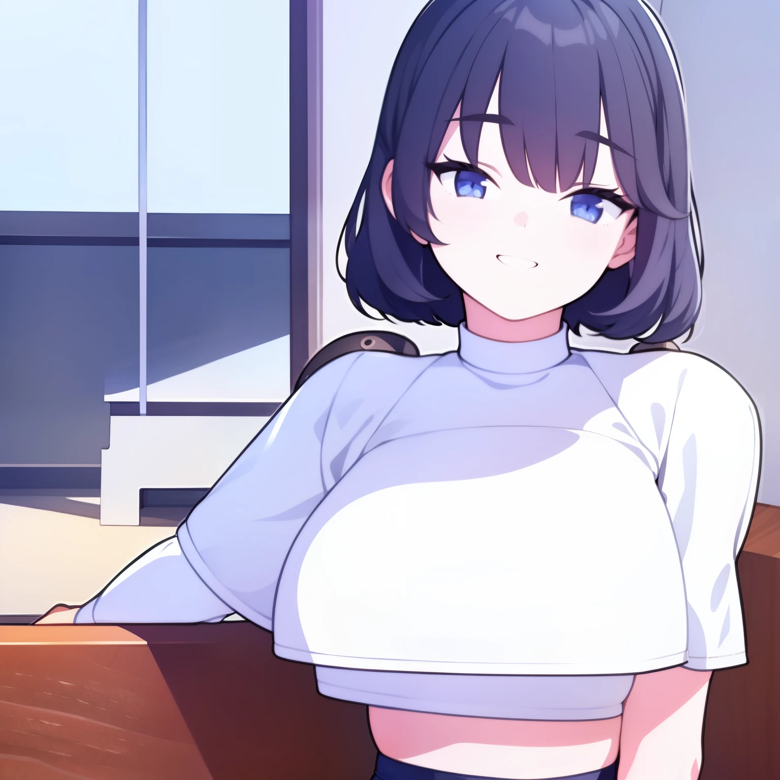 masterpiece, best quality, 1girl, empty eyes, utsurome, hot white crop top, busty, smile