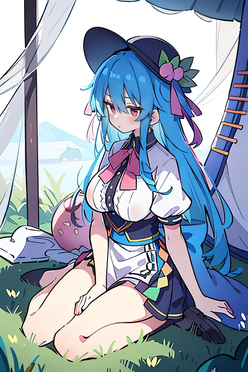 (masterpiece),best quality, expressive eyes, perfect face,sit, sit on ground, Legs on the ground, 1girl,
Big breasts, H cup, Good breasts, Put your hands on your waist,fair, Gorgeous,Japanese cartoons,girl,lola,Hina Angel, blue hair, blue haired,tent , tent chest, tent breast, floating clothes