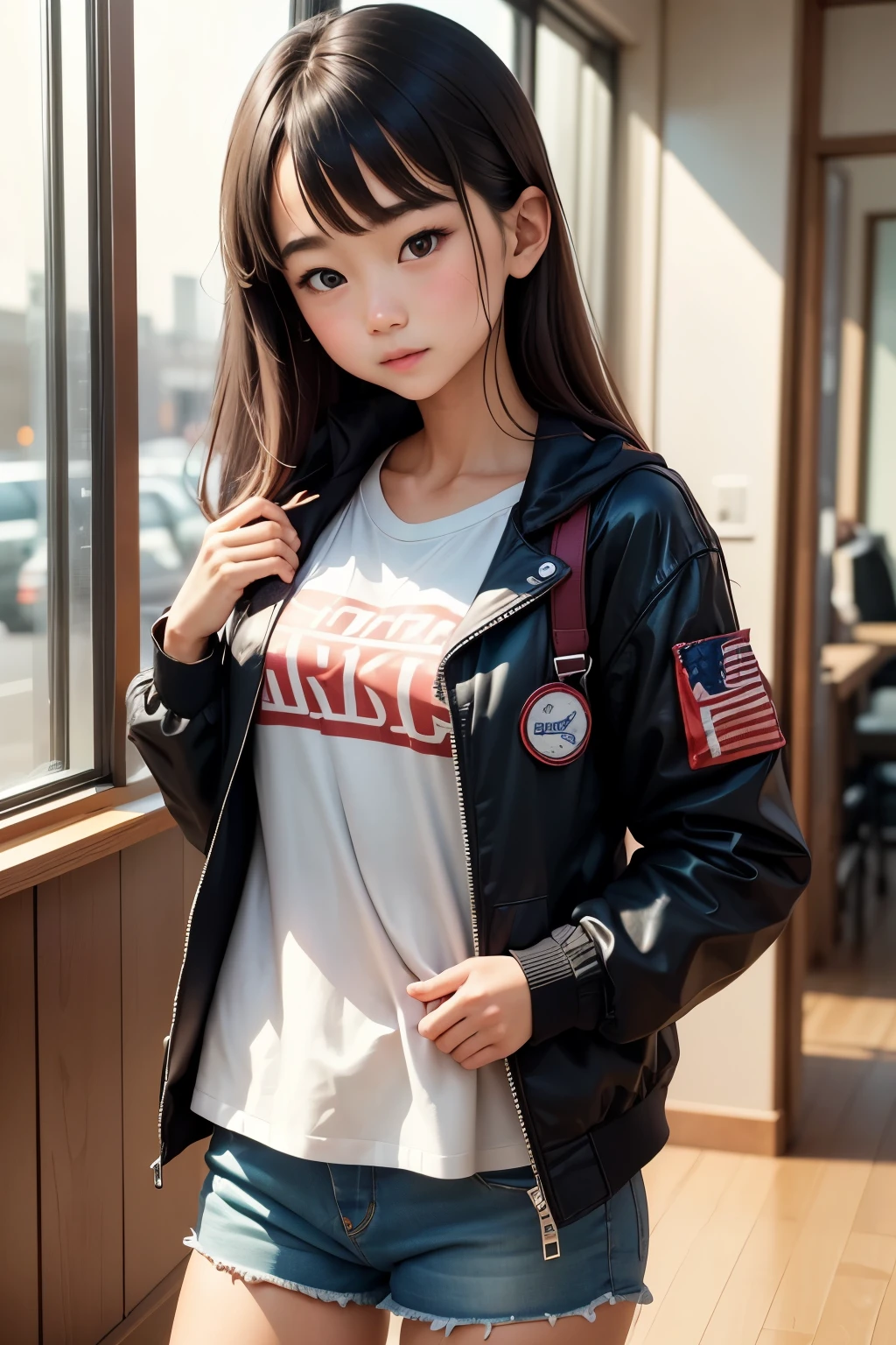 Japan、 girl,innocent face,cute,A  like an elementary  hot pants、flight jacket、charming、