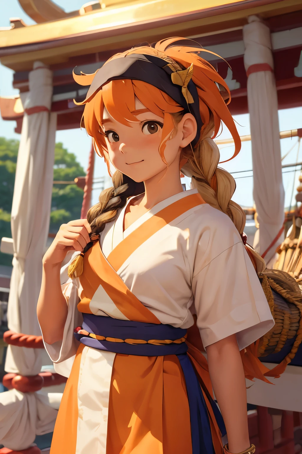 Festival, (((Bold girl carrying a mikoshi))), headband, sash, happy, sweat, braided blonde hair, happy expression, masterpiece, staring at me, Ghibli style