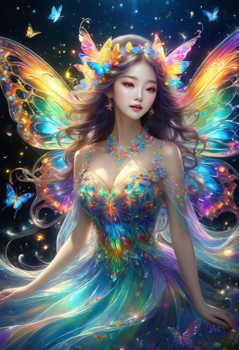 暗闇の中を羽ばたくbutterfly々shine、As beautiful as a dream、It touches my heart.,butterfly々:Rainbow-colored:seven colors:luminescence:shine,dark background,flash,とてもflash,masterpiece,最高masterpiece,best configuration,beautiful sight,dream-like,優しくshinebutterfly々,Elements of Zentalg,intricate details,draw well,with great care,particles of light:shine鱗,rich colors,colorful,anatomically correct,beautiful light and shadow,Mysterious,fantasy,fantasy,digital art,flower、See-through、fantasy、big breasts、South Korea、dress、kind
