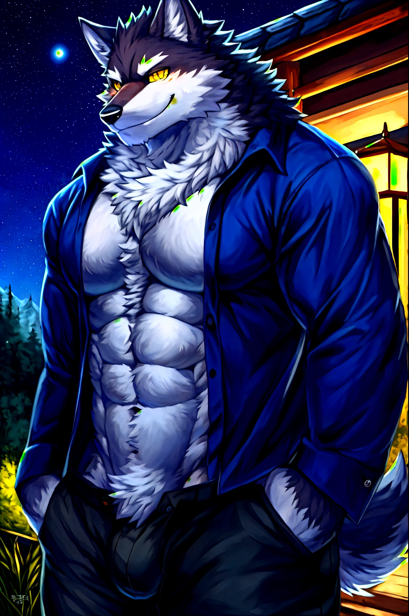 bara, muscular, male, wolf, fluffy fur, dark fur, yellow eyes, open shirt, chest tuft, pants, smile, night outdoors, kemono, masterpiece, best quality, ultra detailed, 8k, digital painting \(artwork\)