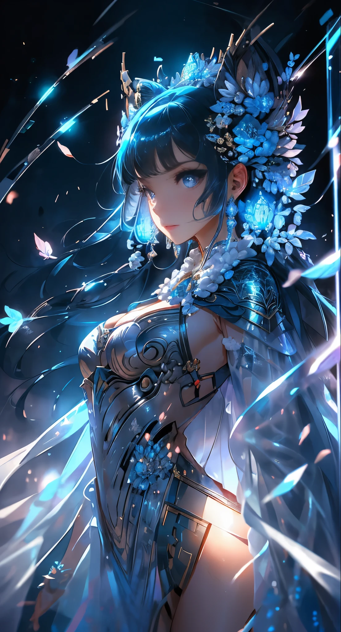 In the absolutely surreal scene, a high-quality, ultra-detailed image comes to life, featuring the enchanting Sagittarius goddess. Her visage bears a striking resemblance to Latin goddesses, exuding an aura of optimism, fair-mindedness, wit, and intellect. Yet, beneath this radiant exterior lies a reckless, cold-hearted, impatient, and overconfident demeanor.
Her deep blue eyes, meticulously detailed with each iris and pupil, gleam with unyielding determination. The same hue cascades down her back in a deep blue mane, adorned with glittering crystals