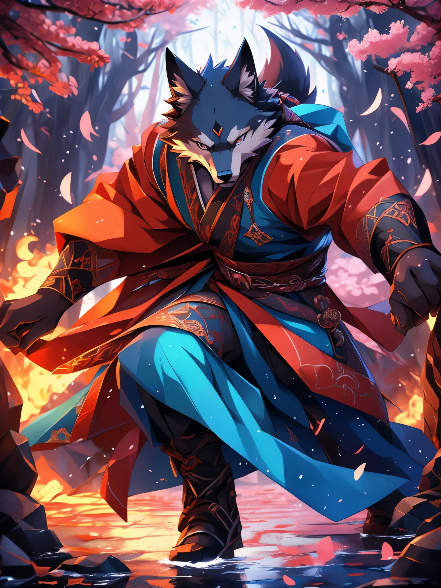 furry, male, anthro, (Wolf Tail), Solo, (Realistic eye details:1.2), (beautiful detailed eyes), anime character there is a Wolf man with samurai outfit in forest, sakura tree, onmyoji detailed art, onmyoji, anthropomorphic ninja, epic warrrior, style of duelyst, 2. 5 d cgi anime fantasy artwork, cool pose, killing intent, authoritative, elegant pose, full body like, slim body, in a panoramic view, good looking, splash art, anime style, 8k, 4k anime wallpaper, anime art wallpaper 8 k, 2 d art, 2d art, badass anime 8 k, anime art wallpaper 4k, detail art