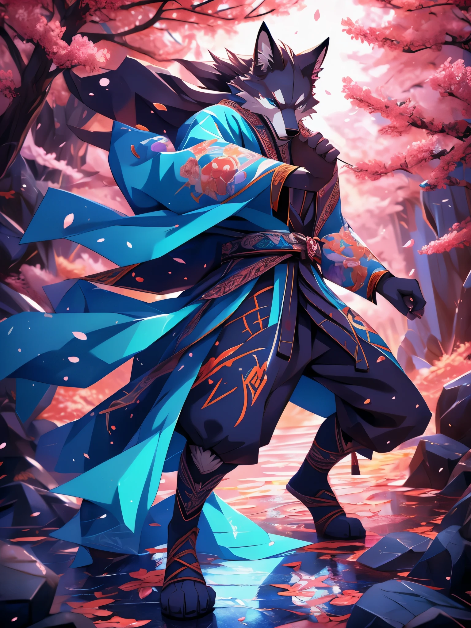 furry, male, anthro, (Wolf Tail), Solo, (Realistic eye details:1.2), (beautiful detailed eyes), anime character there is a Wolf man with samurai outfit in forest, sakura tree, onmyoji detailed art, onmyoji, anthropomorphic ninja, epic warrrior, style of duelyst, 2. 5 d cgi anime fantasy artwork, cool pose, killing intent, authoritative, elegant pose, full body like, slim body, in a panoramic view, good looking, splash art, anime style, 8k, 4k anime wallpaper, anime art wallpaper 8 k, 2 d art, 2d art, badass anime 8 k, anime art wallpaper 4k, detail art