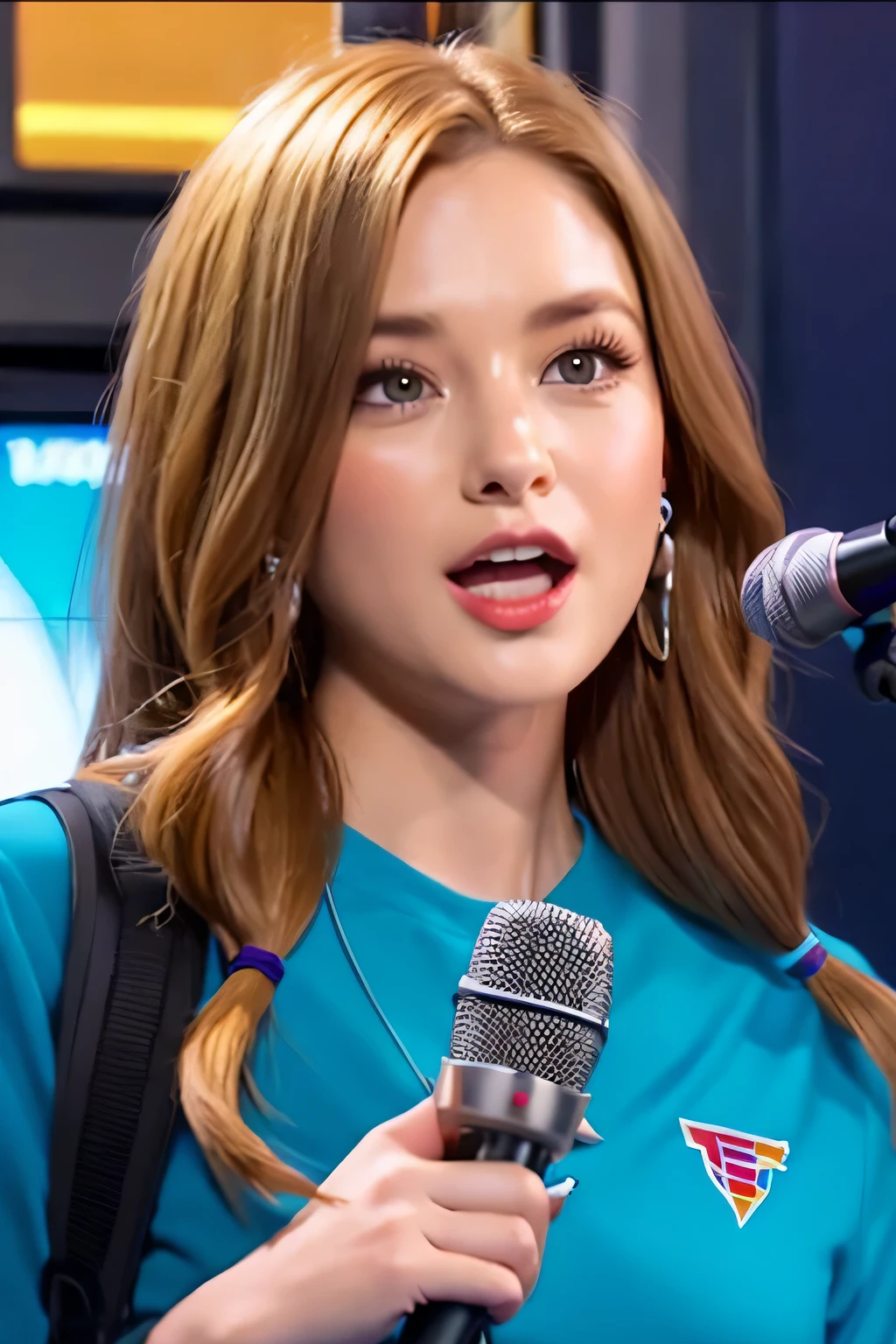 create a young redhead facing the cameras reporter with a microphone in her hand inside a television studium tv