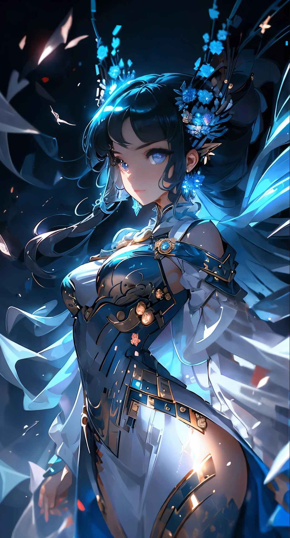 In the absolutely surreal scene, a high-quality, ultra-detailed image comes to life, featuring the enchanting Sagittarius goddess. Her visage bears a striking resemblance to Latin goddesses, exuding an aura of optimism, fair-mindedness, wit, and intellect. Yet, beneath this radiant exterior lies a reckless, cold-hearted, impatient, and overconfident demeanor.
Her deep blue eyes, meticulously detailed with each iris and pupil, gleam with unyielding determination. The same hue cascades down her back in a deep blue mane, adorned with glittering crystals
