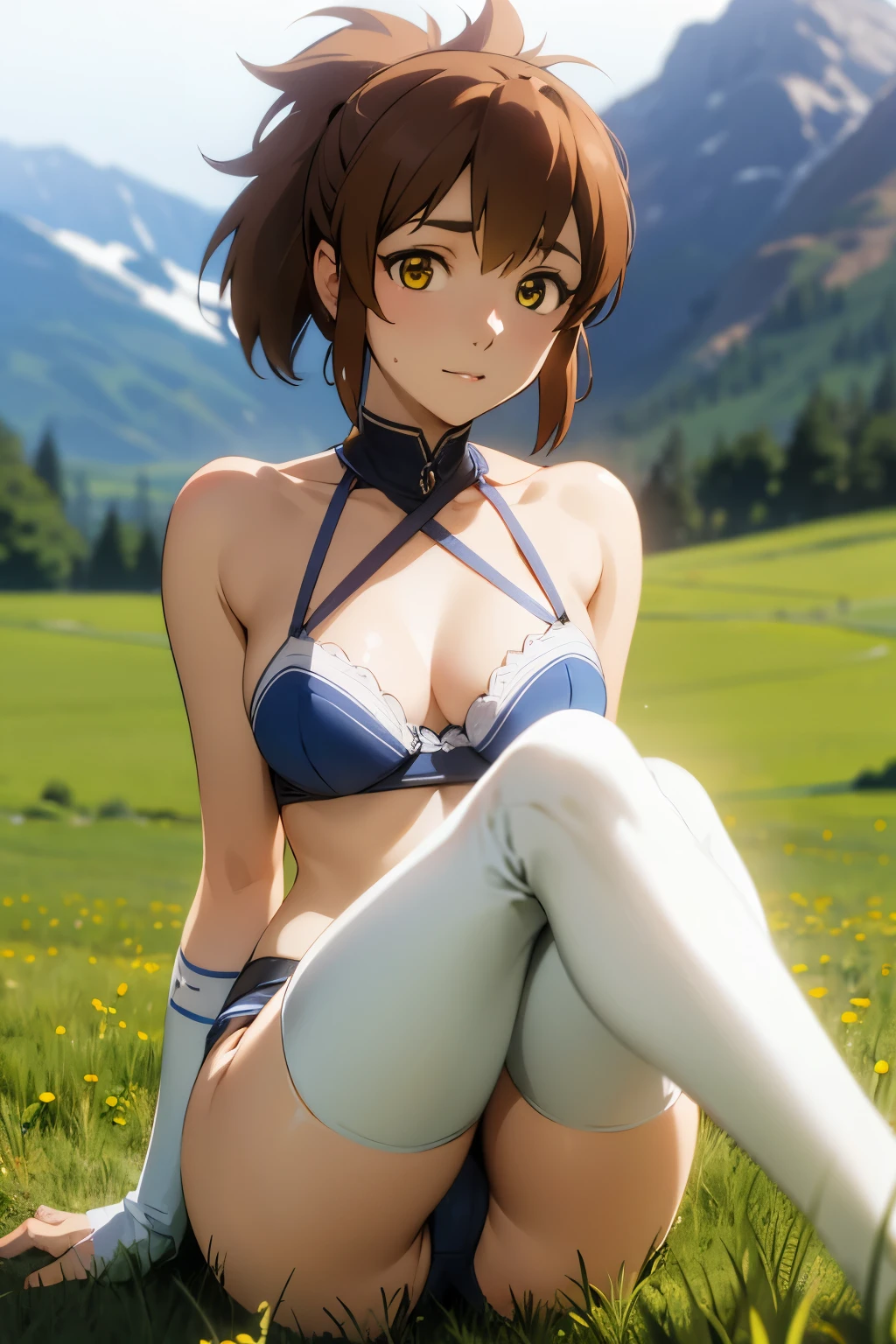 young woman, Marci, brown hair, yellow eyes, blue bra and panties, white stockings, sitting in the field across the mountains, blurry foreground