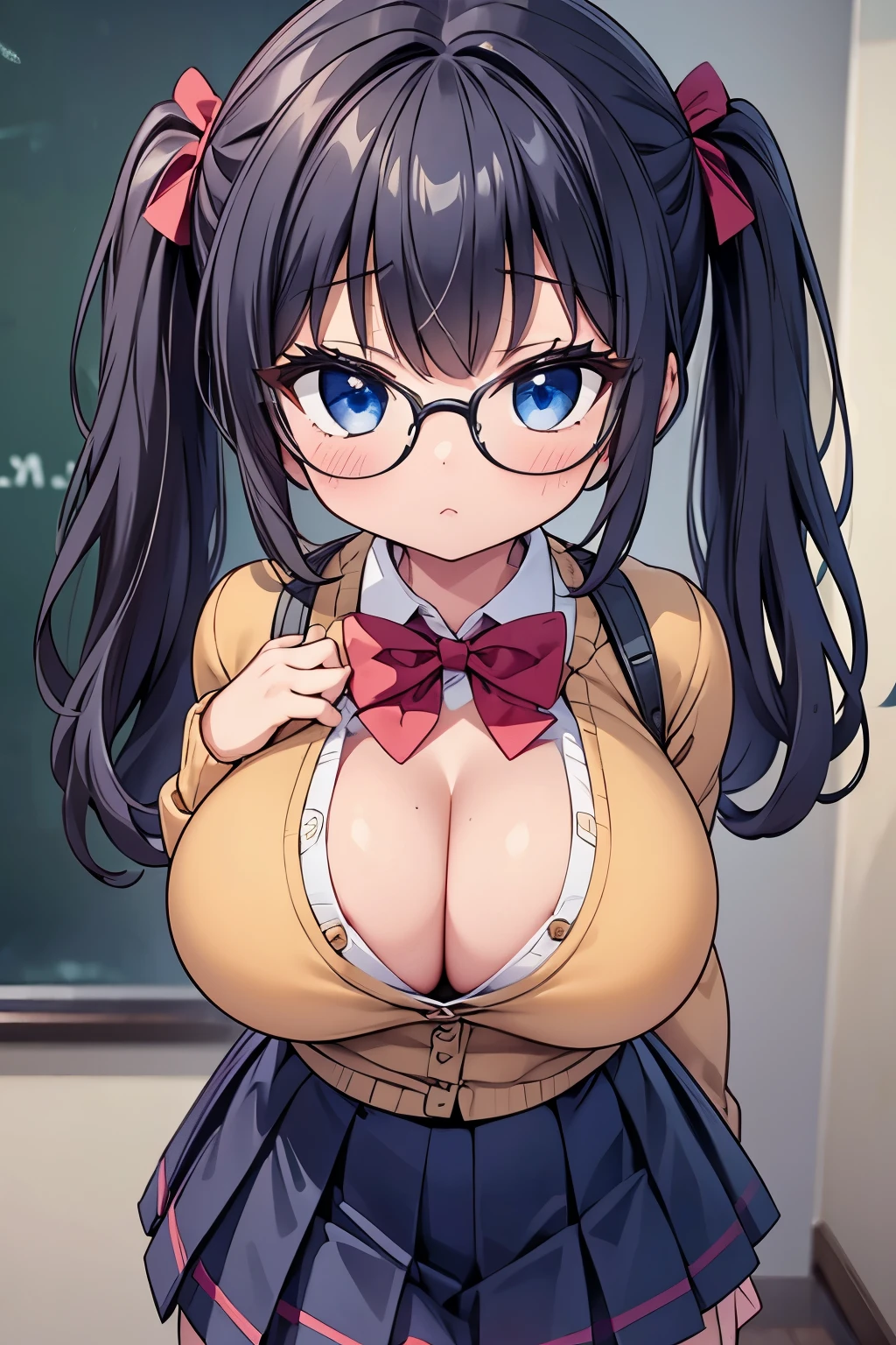 highest quality,wonderful,finely,extremely detailed CG unity 8k wallpaper,1 girl, big breasts,Beige School Cardigan, bow tie, cleavage, check pleated skirt, lift skirt, huge breasts, Breast flick, black hair, glasses, blue eyes,twin tails, highest quality,Super detailed,unity 8k wallpaper,game CG,oily skin, shiny skin,