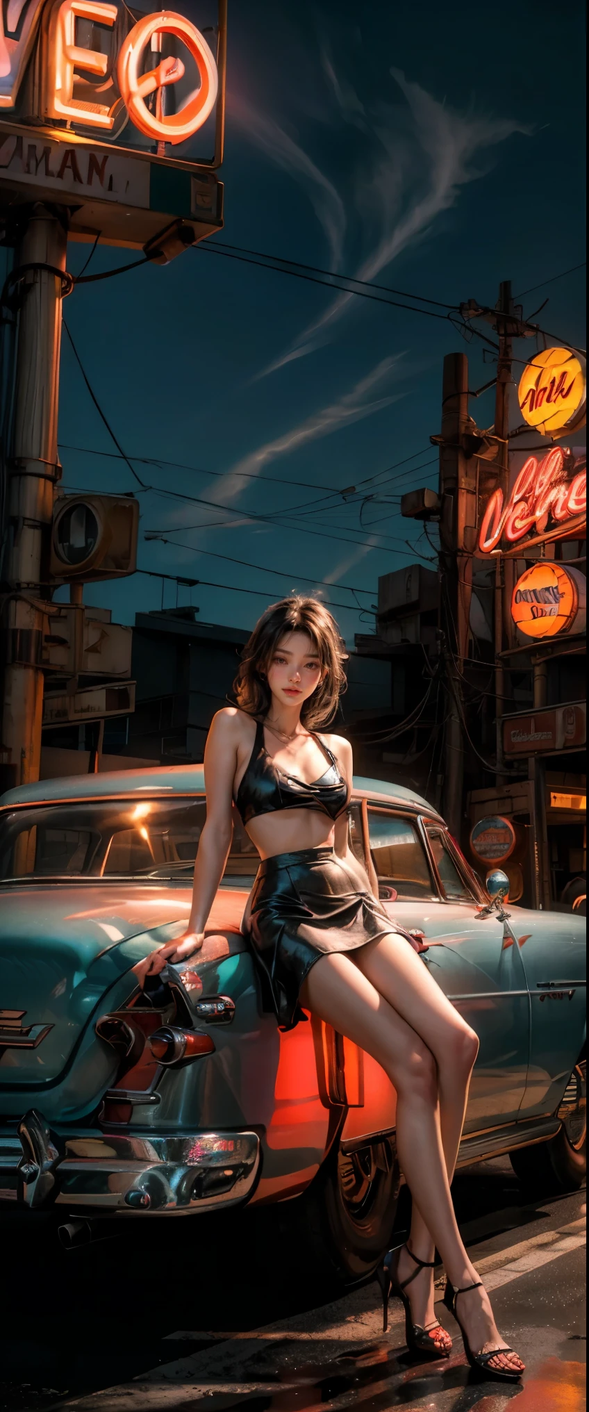 ((masterpiece, highest quality, Highest image quality, High resolution, photorealistic, Raw photo, 8K)), arafed view of a motel with a car parked in front of it, with neon signs, A woman waiting for a guest in front of a motel, seduction, short dress with exposed breasts and high heels, Open your legs and roll up your skirt, route 6 6, neon signs, 1 9 5 0 s americana tourism, some have neon signs, neon lights outside, neon advertisements, gigantic neon signs, neon shops, by Arnie Swekel, few neon signs, neon signs in background,