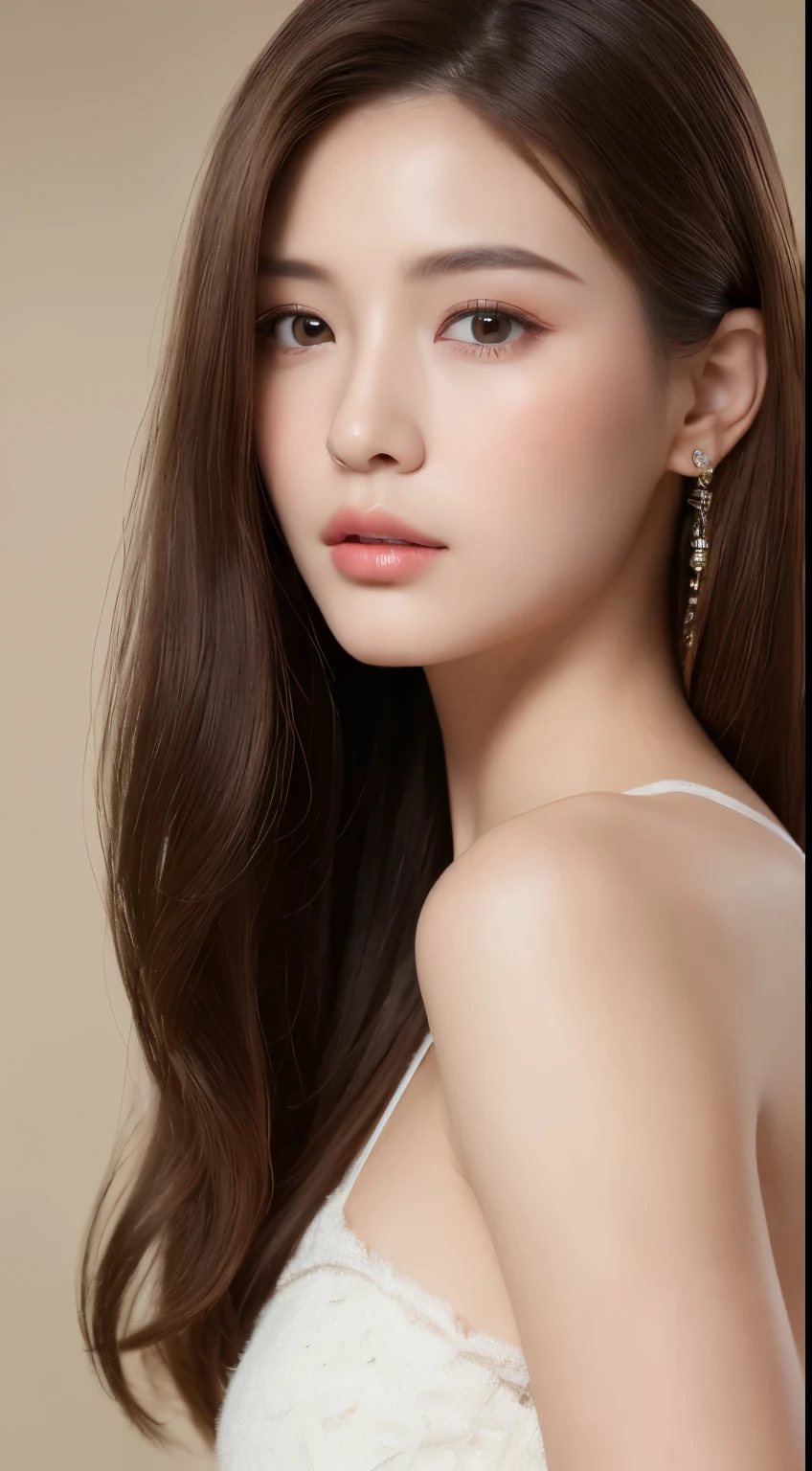 ((Best quality, 8k, Masterpiece :1.3)), Sharp focus :1.2, A pretty woman with perfect barbie nose :1.4, right side :1.2, ((Dark brown hair :1.2)), (Natural light, photo studio:1.1), Highly detailed face and skin texture, Detailed eyes, Double eyelid