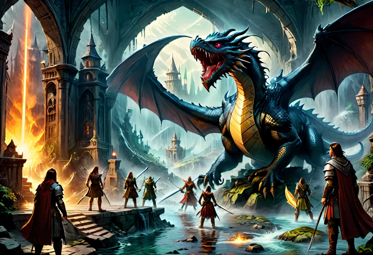 Dungeons and Dragons, a real story based on the game "Dungeons & Dragons", epic, grandiose, dragon and heroes, epic battle, magical artifacts, magic sword, real photography, cinematic frame, active scene, digital frame processing, computer graphics effects, digital art, masterpiece, real, valid, existing where-that's in another world