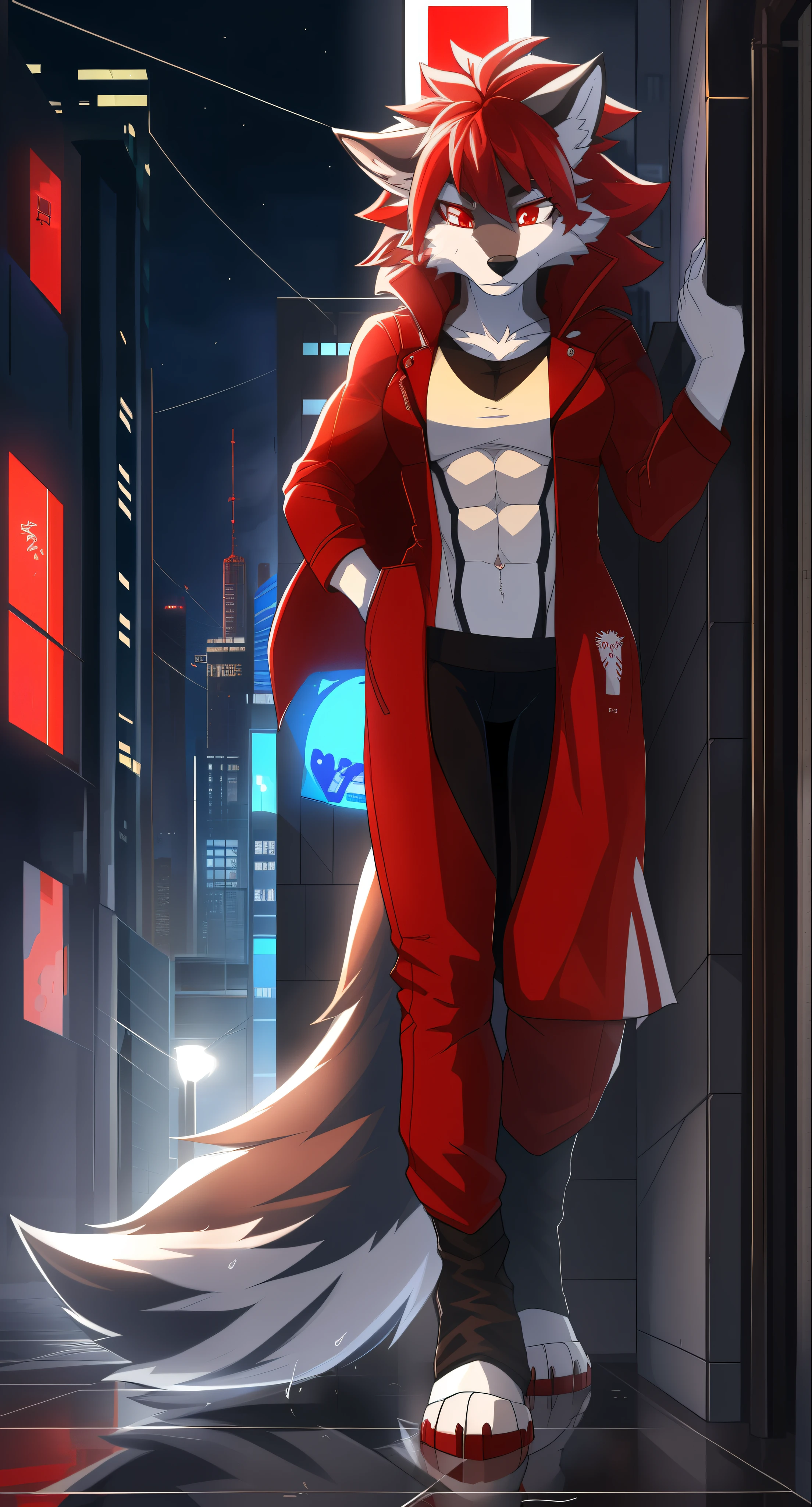 Solo, female, standing, furry wolf (_anthropomorphic_, _snout_), (_messy_, _bedhead_ hair), (_muscular_, _athletic_ build), (_better detailing_, _high quality_ fur), (_bright red_), (_expressive_, _fierce_), eyes, (_colorful spots_ adorning the coat), (_wet streets_ reflecting the city lights), (_dynamic framing_ capturing the wolf's movements), (_detailed_ wolf head as the focal point), (_bright focus_ on the wolf's intense, _bright red eyes_), (_urban environment_ filled with _tall buildings_