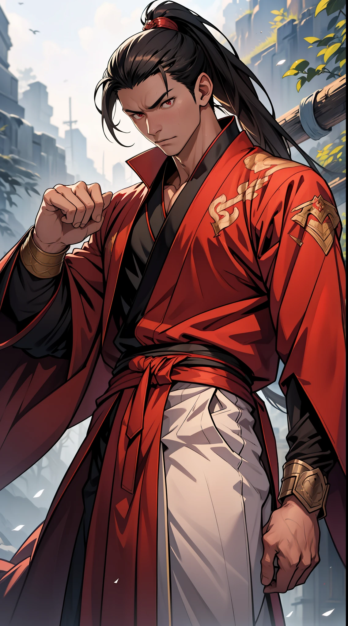 two-dimensional，anime style，one person（male warrior），Correct proportions，facial details，swordsman，High ponytail hairstyle，neck details，There is an Adam&#39;apple，red robe，joke，red robe，clothing details，transfer，long sleeve，Game quality，fencing，Ray tracing，Ray tracing，Delicate glow，CG rendering，Hair details，long black hair，Red eyes，Handsome，Handsome，（feeling of youth），Costumes are complicated，perfect composition，refine，high quality，More details，complex background，a sense of atmosphere，
