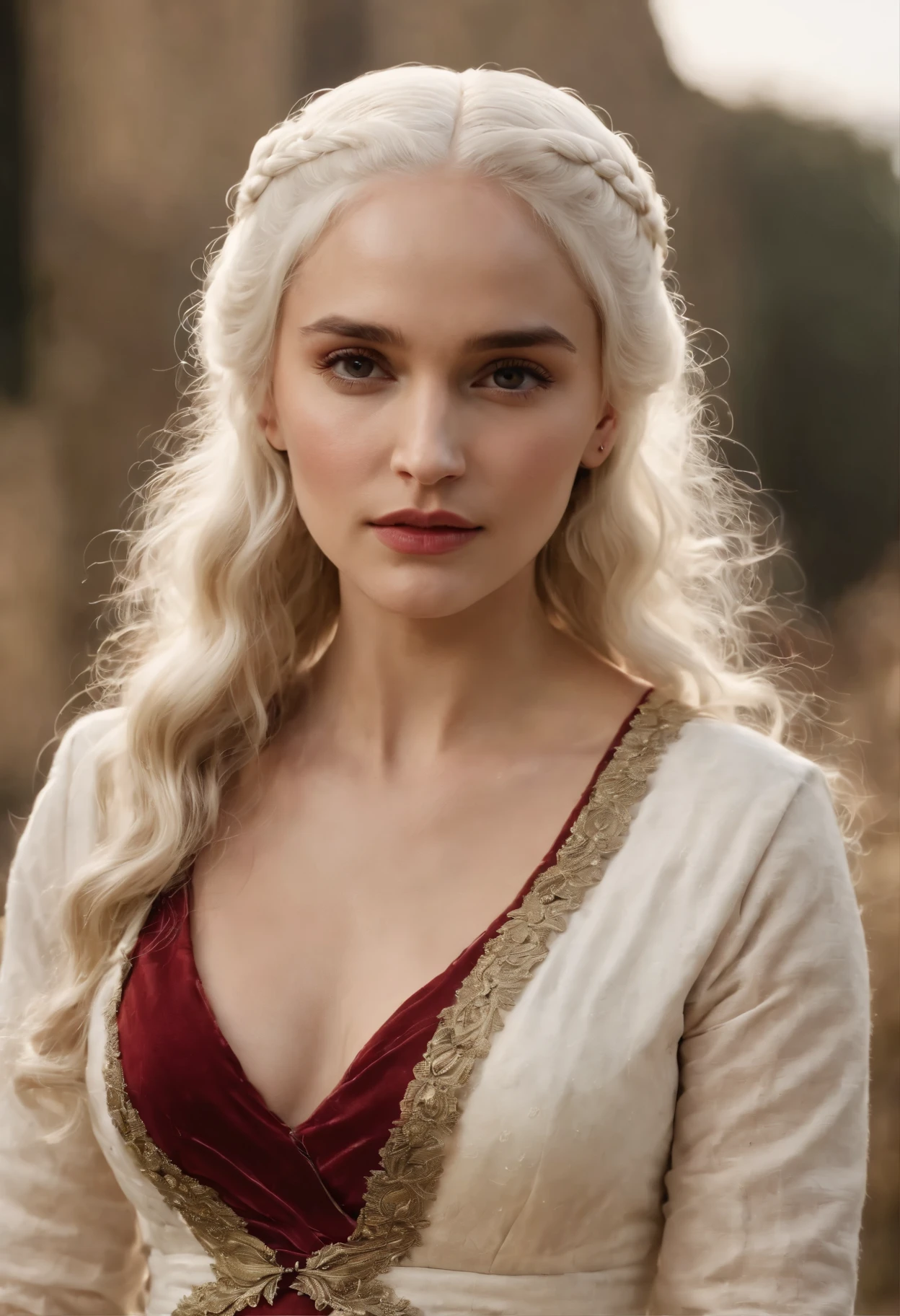 Medieval times, Targaryen, light, gardens, sweet pregnant Daenerys|Natalie Portman, white curly hair, in a beautiful simple royal dress, red top, black bottom, hd