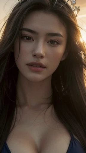 16k, best quality, masterpiece, realistic, ultra detail, photo realistic, Increase quality, highly detailed, ultra details, a photo of a girl standing in a field in bikini, diamond crown on head, in the style of dark and brooding designer, voluminous mass, photobash, serene faces, jagged edges, navy, natural beauty, close-up shot, (sunrise)
