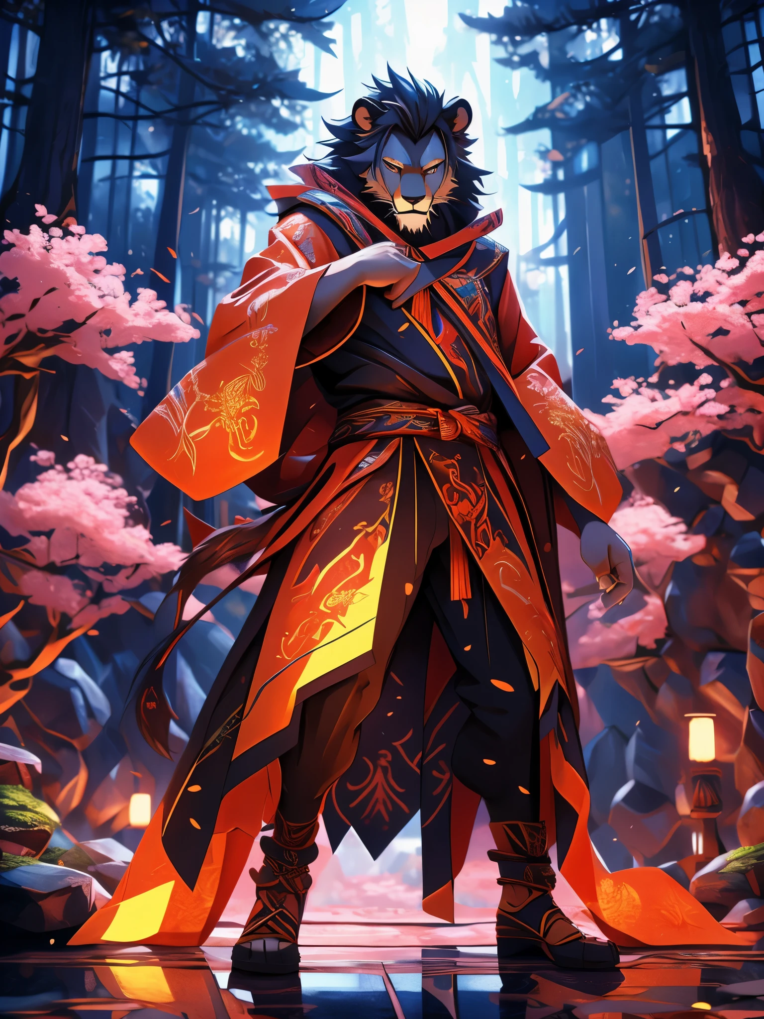 furry, male, anthro, (Lion Tail), Solo, (Realistic eye details:1.2), (beautiful detailed eyes), anime character there is a Lion man with samurai outfit in forest, sakura tree, onmyoji detailed art, onmyoji, anthropomorphic ninja, epic warrrior, style of duelyst, 2. 5 d cgi anime fantasy artwork, cool pose, killing intent, authoritative, elegant pose, full body like, slim body, in a panoramic view, good looking, splash art, anime style, 8k, 4k anime wallpaper, anime art wallpaper 8 k, 2 d art, 2d art, badass anime 8 k, anime art wallpaper 4k, detail art